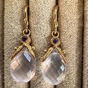 Designer Gabrielle Sanchez 14K Gold Rose Quartz & Purple Gemstone Drop Earrings